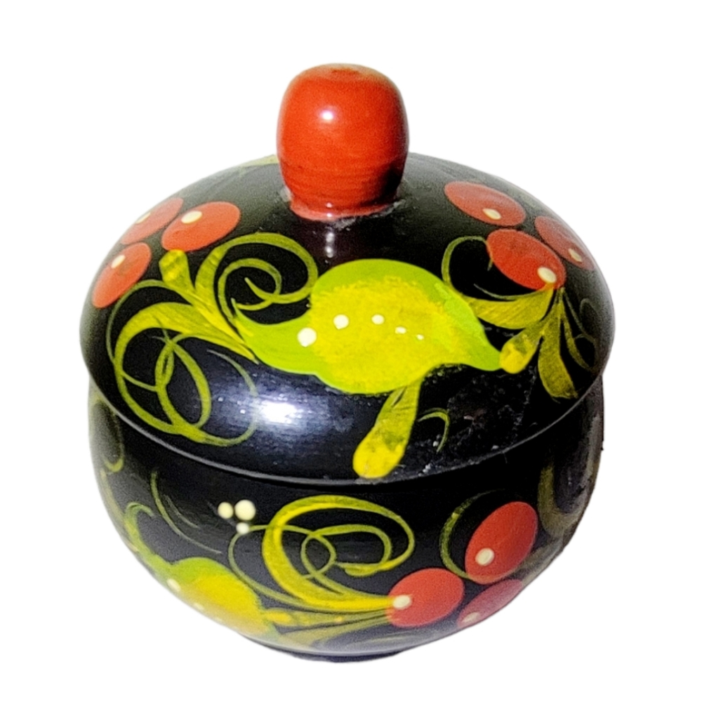 Russian Vintage Black And Red Berry Wooden Tea Bowl Small.
